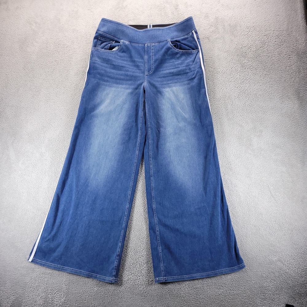 Halara Jeans Womens XL Petite Blue High Waisted Stripe Wide Leg Flowy
